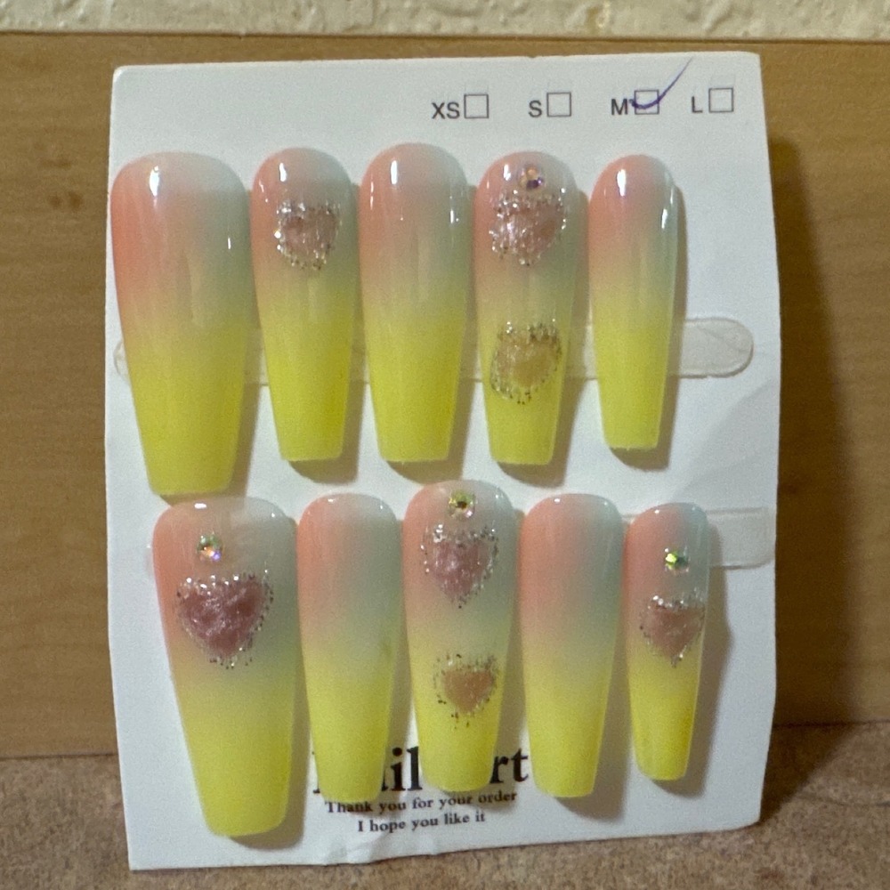 Long Coffin Press On Nails Yellow Blue Pink Ombre Glitter Hearts Rhinestones M